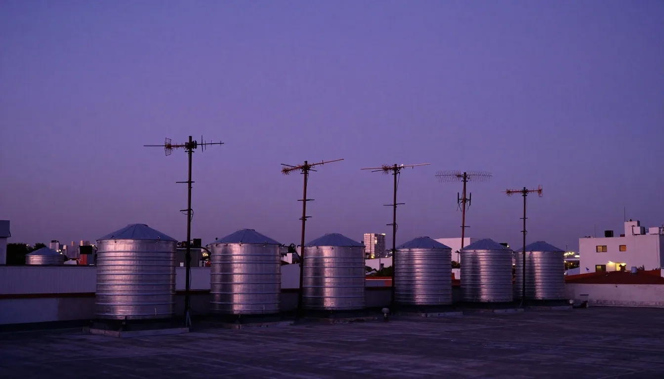 Azotea con antenas en Buenos Aires al atardecer