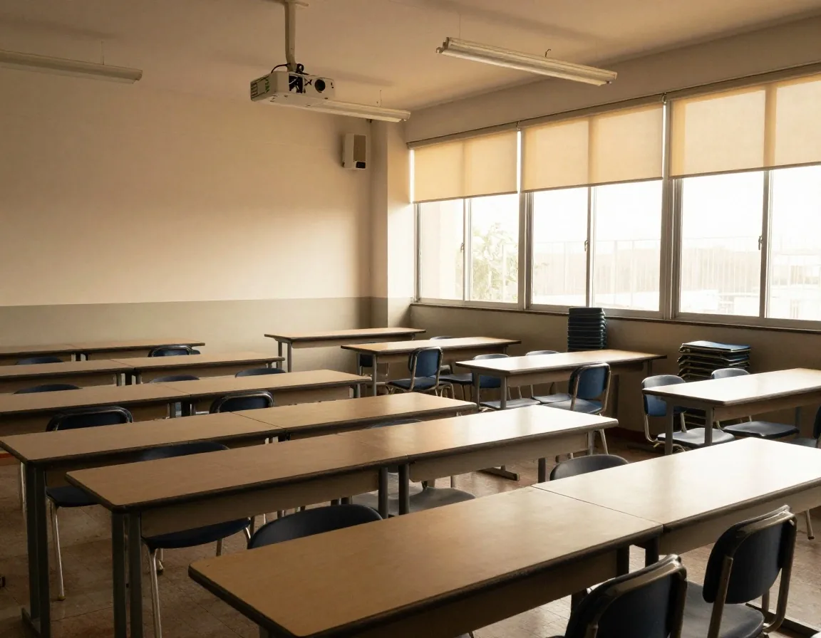 Aula presencial con proyector y mesas de trabajo