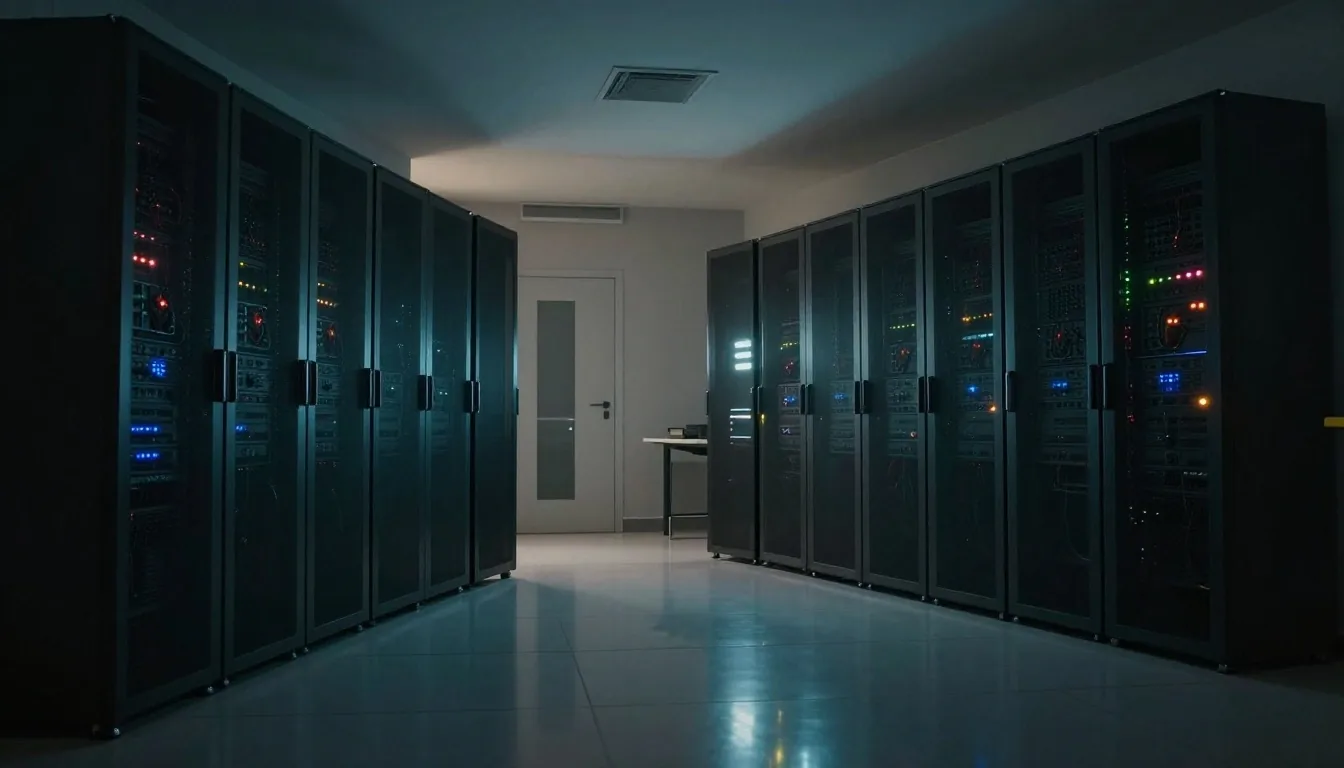 Pasillo de laboratorio nocturno con racks