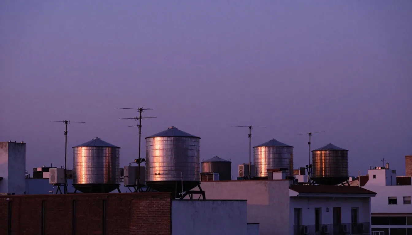 Azotea de Buenos Aires al atardecer con antenas