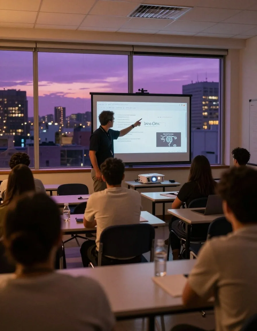 Clase presencial con proyector y pizarra en Buenos Aires