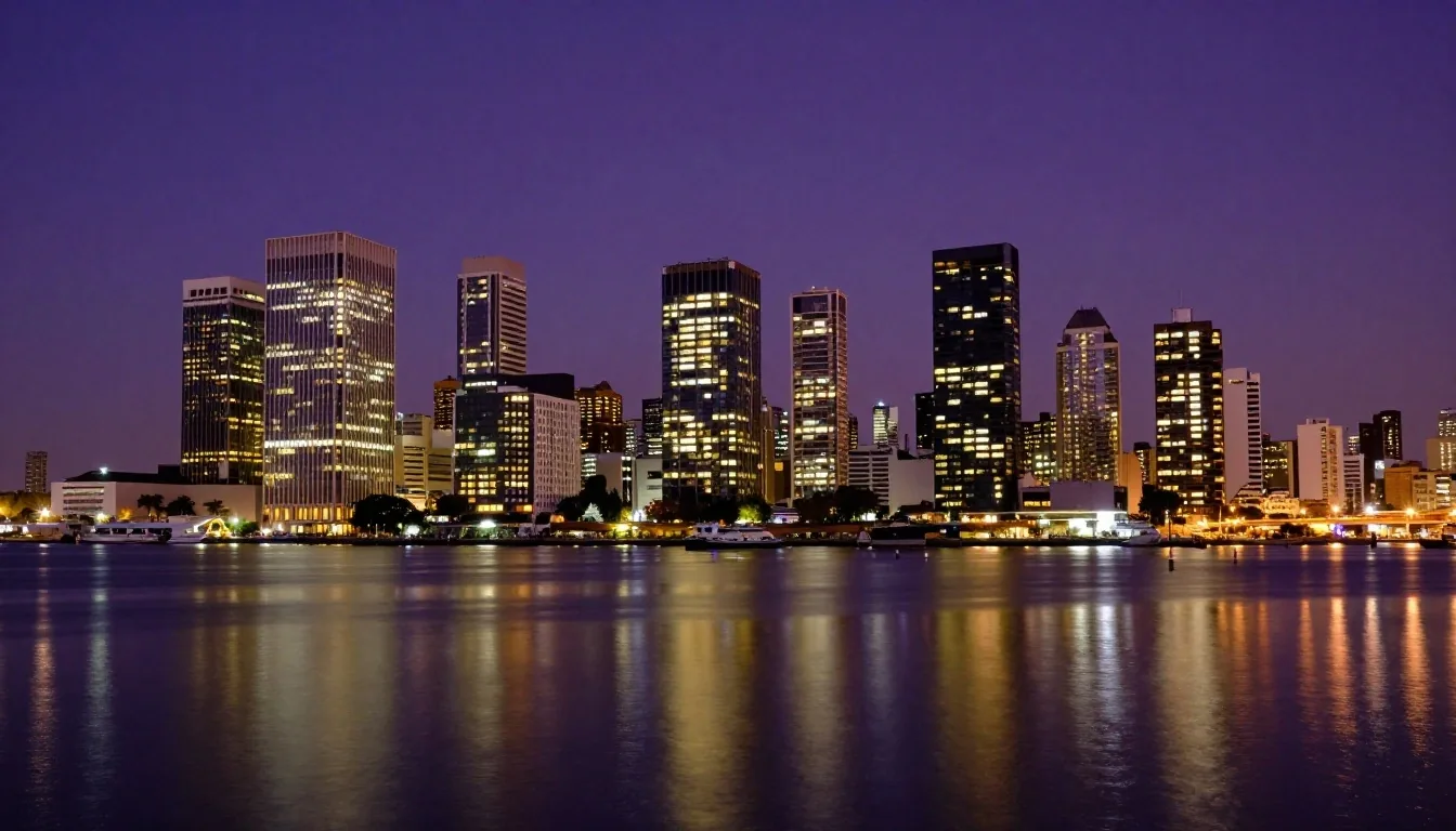 Puerto Madero de noche con torres iluminadas