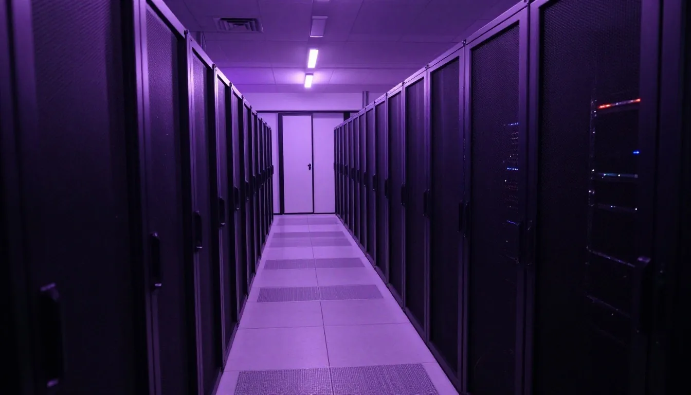Pasillo de racks con luz violeta de noche