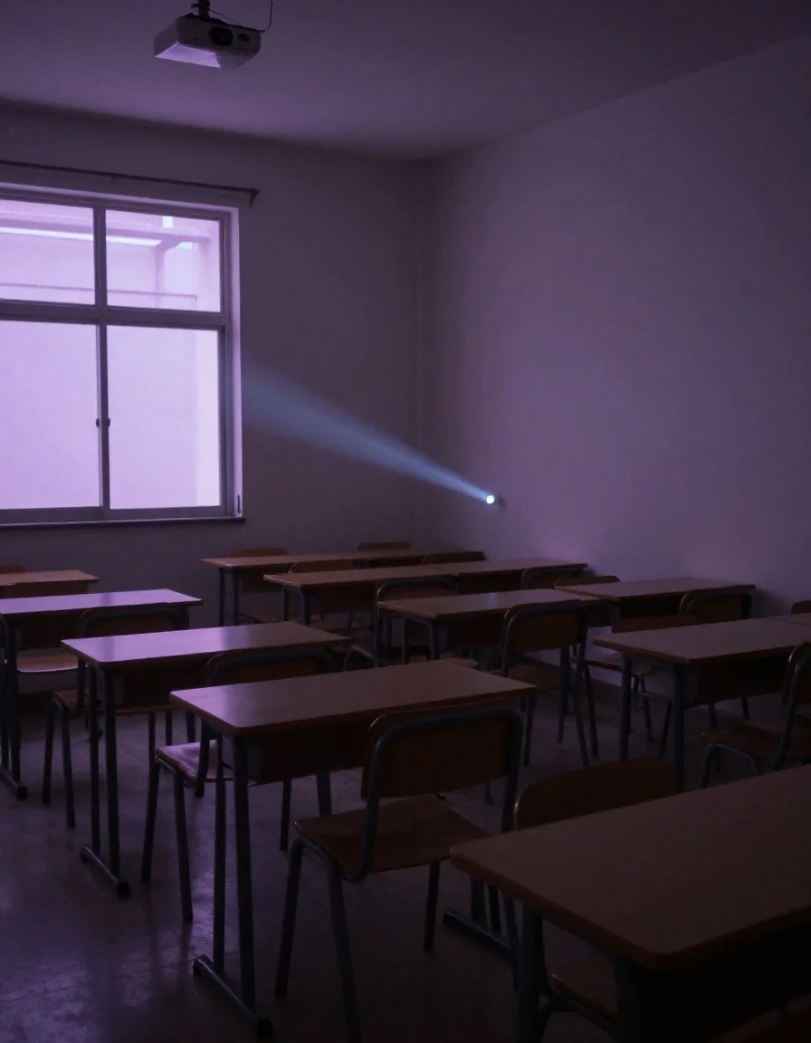 Aula chica con proyector y pizarra para clases DevOps