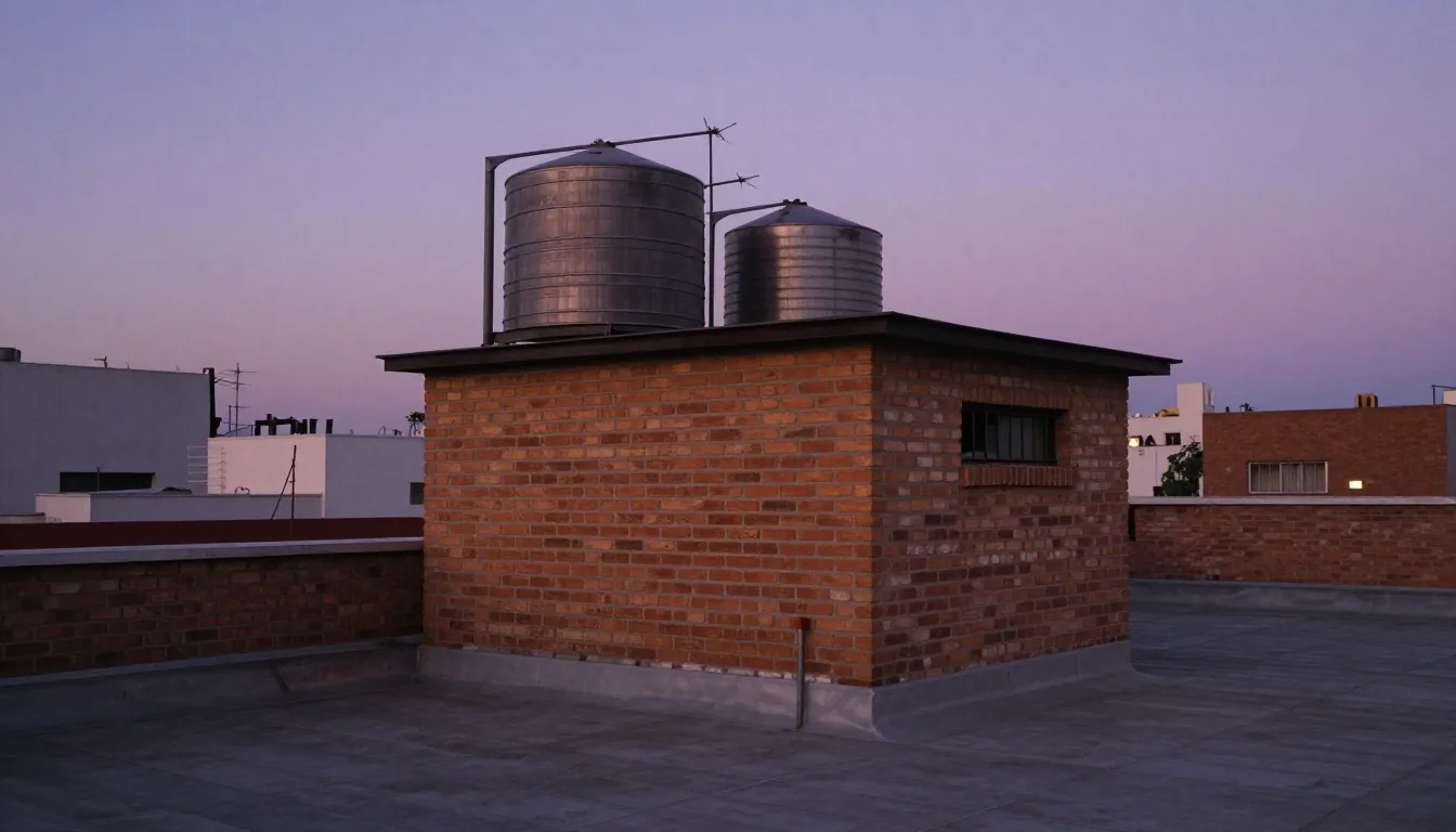 Azotea con antenas en Buenos Aires al atardecer